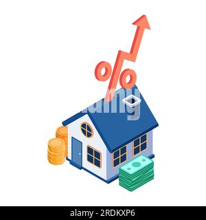 Wohnung 3D Isometrisches Haus mit Zinspfeil steigt auf. Hypothekenzinssatz und Immobilieninvestitionskonzept. Stock Vektor