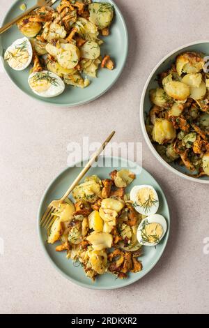 Köstliche herzhafte Abendessen oder Mittagessen, gebratene junge Kartoffeln mit Waldpilzen Chanterelles mit Dill, gekochte Eier, saisonale Speisen Stockfoto