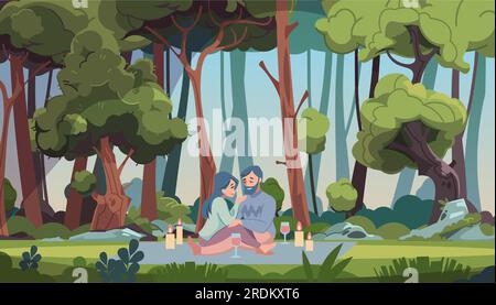 Familie beim Picknick. Ein romantisches, süßes Paar, das sich an der Decke umarmt. Waldwiesen. Menschen, die sich in wilder Natur entspannen. Glücklicher Mann und glückliche Frau flirten. Liebe und Romantik. Mittagessen im Freien. Vektordarstellung Stock Vektor