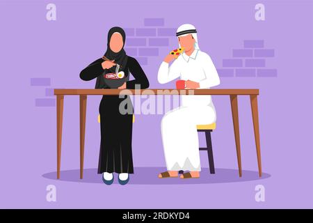 Cartoon mit flachem Stil, mit arabischen Paaren, die am Tisch sitzen und essen, sich in einem Fast Food-Bistro unterhalten, Freizeit. Mann und Frau essen, Pizza, nein Stockfoto