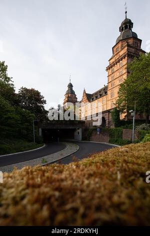 Majestätischer Sonnenaufgang: Schloss Johannisburg in Aschaffenburg, Main River. Ein atemberaubendes Spektakel, wenn die Morgensonne durch den ätherischen Nebel dringt Stockfoto