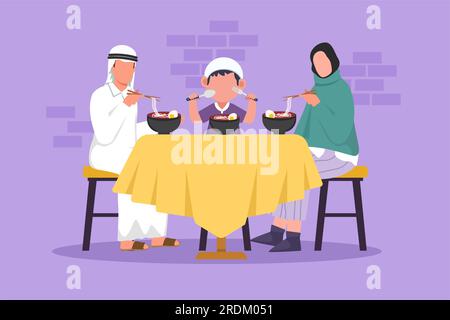 Cartoon-Flach-Stil mit arabischem Vater, Mutter und kleiner Sohn, die Nudeln im Speisesaal essen. Glückliche Familie beim Abendessen mit köstlichen Ramen. Leckeres J Stockfoto