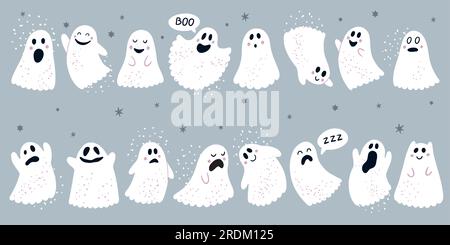 Ein gruseliger Geist. Halloween-Doodle-Gesichter mit verschiedenen Emotionen, Angst vor Feiertagen, gruselige weiße Monster-Ikonen. Lustige weiße Phantome kindische, süße Herbstdekoration. Vektor-Cartoon-Illustration Stock Vektor