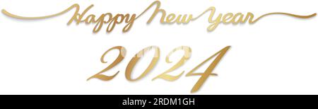 The Year 2024 Happy New Year Vector 3-D handgeschriebenes Gold-Drehbuch mit Textraum isoliert auf weißem Hintergrund. Stock Vektor