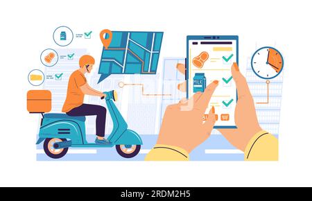 App für Online-Bereitstellung. Cartoon-Frauen, die ihr Smartphone in der Hand halten und im Internet Lebensmittel kaufen. Der Fahrer auf dem Roller bringt schnell Einkäufe. Mobile Vector-Anwendung mit Navigationssystem Stock Vektor