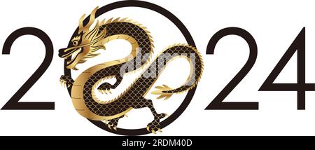 Das Jahr 2024, Jahr des Drachen, Vektor-Neujahrsgruß-Symbol mit einer Drachen-Illustration isoliert auf weißem Hintergrund. Stock Vektor