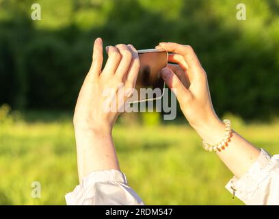 Die Hände halten das Mobiltelefon, nehmen Fotos auf, nehmen Videos in der Natur auf. Stockfoto