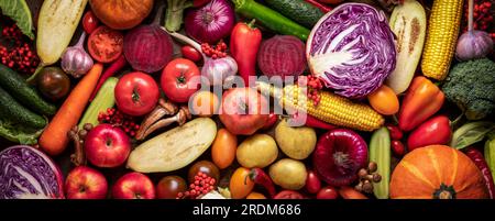 Panoramafoto einer frischen Ernte von Obst und Gemüse. Eine Mischung aus gesunden Nährstoffen Vitamine und Antioxidantien, eine bunte hell appetitlich Backgr Stockfoto