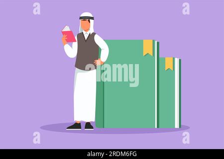 Flaches Grafikdesign, in dem ein arabischer Mann auf einem großen Buch liest und steht. Intelligente männliche Schüler lernen und studieren in der Bibliothek. Bildung und Intellekt Stockfoto