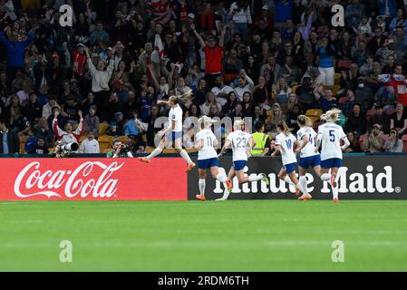 22. Juli 2023; Brisbane Stadium, Brisbane, Queensland, Australien: FIFA Womens World Cup Group D Football, England gegen Haiti; Georgia Stanway of England feiert, wie sie beim zweiten Versuch, 1-0 in der 29. Minute zu erreichen, vom Elfmeterpunkt trifft Stockfoto