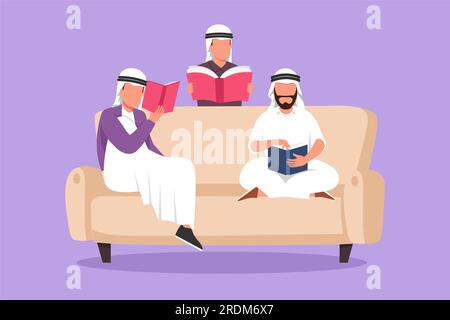 Die freundliche arabische Familie liest zu Hause Bücher im Wohnzimmer. Brüder und Kinder sitzen auf der Couch. Das Konzept des Gelenks Stockfoto