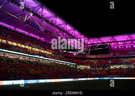 22. Juli 2023; Brisbane Stadium, Brisbane, Queensland, Australien: FIFA Womens World Cup Group D Fußball, England gegen Haiti; das Stadion wird vor dem Anstoß beleuchtet Stockfoto