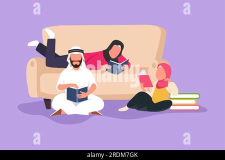 Flaches Grafikdesign, in dem die arabische Familie zu Hause Bücher zusammen im Wohnzimmer liest. Mom lehnt sich auf die Couch und Dad mit der kleinen Tochter sitzt Stockfoto