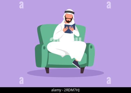 Eine Figur, die einen jungen Araber zeichnet, der auf der Couch ein Buch liest. Konzept eines Wohnzimmers mit Sofa, Student oder Geschäftsmann. Bücherwurmmännchen genießt es Stockfoto