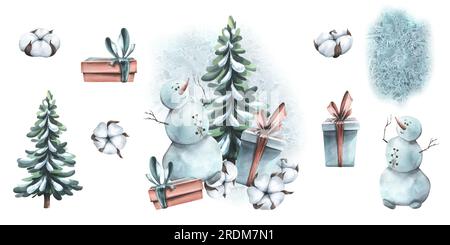 Weihnachten, Silvester, Winterkollektion mit einem Schneemann, Geschenken, einem Weihnachtsbaum und Baumwolle. Von Hand gezeichnete Aquarelldarstellung. Ein Satz isolierter Stockfoto