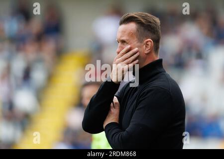 Barendrecht, Belgien. 22. Juli 2023. Der Cheftrainer des Clubs, Ronny Deila, zeigte sich während eines freundlichen Fußballspiels zwischen dem belgischen Club Brügge KV und dem niederländischen AZ Alkmaar am Samstag, den 22. Juli 2023 in Brügge, um sich auf die kommende Saison 2023-2024 vorzubereiten. BELGA FOTO KURT DESPLENTER Kredit: Belga News Agency/Alamy Live News Stockfoto