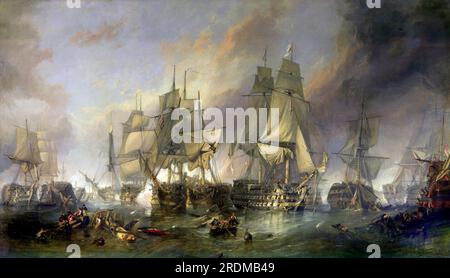 EUROPA - die Schlacht von Trafalgar kämpfte vor Cádiz im Atlantischen Ozean nahe Südspanien vom Künstler William Clarkson Stanfield. Die Schlacht von Traval Stockfoto