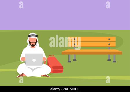 Flacher Cartoon-Stil, der arabischen Geschäftsmann mit einem Laptop auf dem Rasen im Park anzieht. Entspann dich, männlicher Schüler, der Computer-Tastatur und Stu schreibt Stockfoto