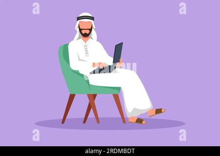 Eine Figur, die jungen männlichen Araber mit einem Laptop auf einem Stuhl zeichnet. Ein Geschäftsmann-Planungsprojekt. Freiberufler, Fernunterricht, Online-Kurse und st Stockfoto