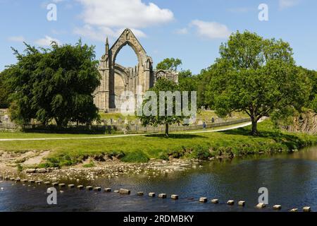 Steine über die River Wharfe mit den Ruinen von Bolton Abbey im Hintergrund, Wharfedale, Yorkshire Dales National Park. Stockfoto