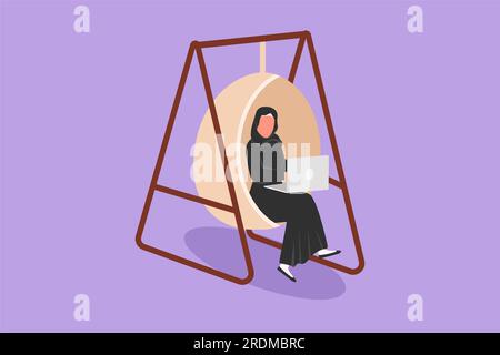 Cartoon-Figur im flachen Stil, arabisches Mädchen mit Laptop, das auf einem Schaukelstuhl oder einem Ruhesessel sitzt. Freiberufler, Fernunterricht, Online-Kurse, Stockfoto