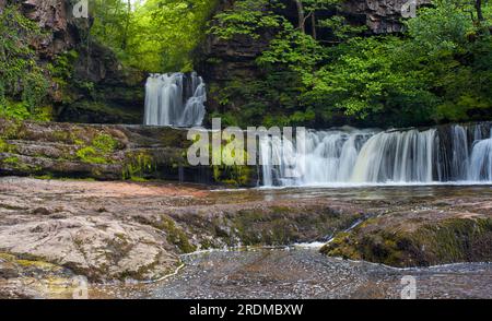 Blick auf Sgwd Ddwli ISAF oder die Lower Gushing Falls auf dem Fluss Nedd im Neath Valley, South Wales, Großbritannien Stockfoto