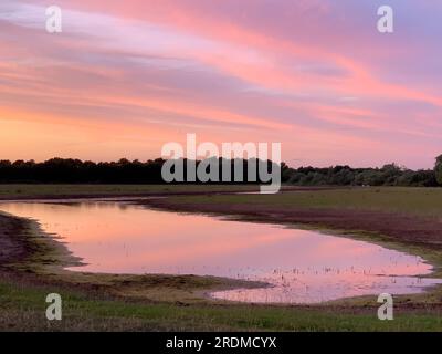 Dorney, Buckinghamshire, Großbritannien. 9. Juli 2023. Die Sonne geht über einem neuen Flutwassersee auf Dorney Common unter. Das Wasser der Themse darf überschüssiges Regenwasser in den nahe gelegenen Roundmoor Graben ableiten, und die Einheimischen, die im Dorf Eton Wick leben, mit Grundstücken, die zurück auf den Roundmoor Graben zurückgehen, klagen über den Gestank von Abwasser aus dem Wasser. Kredit: Maureen McLean/Alamy Stockfoto