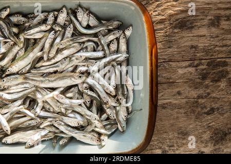 Frische Sprotten, Sprattus sprattus, die im Ärmelkanal gefangen wurden und nach der Beschichtung mit Mehl und Paprika frittiert werden. Sprotten Stockfoto