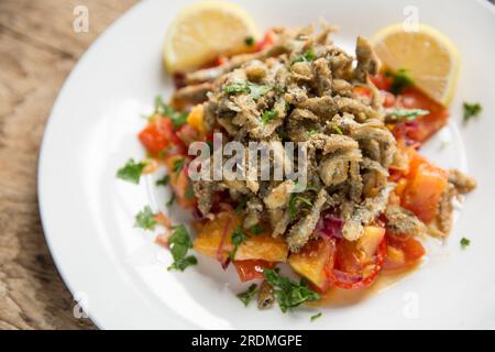 Frische Sprotten, Sprattus sprattus, die mit Mehl und Paprika überzogen wurden, bevor sie in Öl frittiert wurden. Sie werden mit einer gekochten Salsa serviert Stockfoto