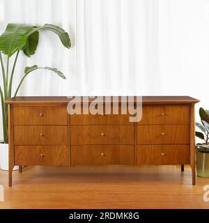 Moderne Kommode aus Holz aus der Mitte des Jahrhunderts. Vintage-Möbel Nahaufnahme der Schubladen mit einer Zimmerpflanze. Stockfoto