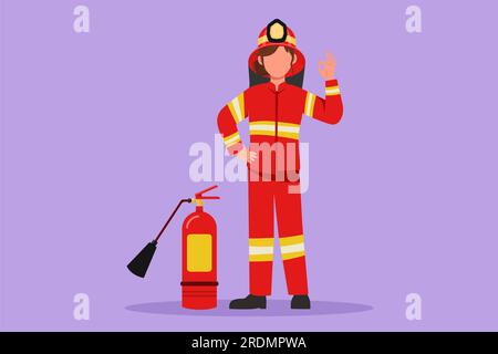 Cartoon flache Zeichnung Schönheit weibliche Feuerwehrmänner standen mit Feuerlöscher und trugen Helm und Uniform, komplett mit guter Geste, um zu Ex zu arbeiten Stockfoto