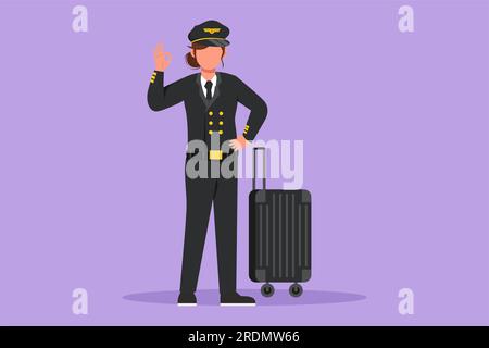Eine flache Zeichentrickzeichnung einer Pilotin, die mit einer guten Geste und Uniform steht, bereit zum Reiten oder Fliegen eines Flugzeugs, um die Passagiere zu holen Stockfoto