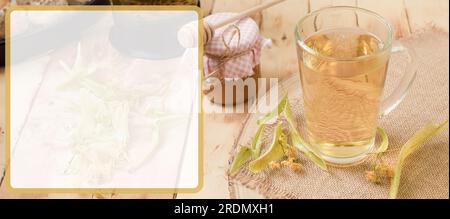 Limonentee in einem Glasbecher. Medizinischer Lindentee, Holzhintergrund. Banner. Speicherplatz kopieren Stockfoto