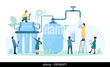 Vektordarstellung des Wasseraufbereitungsdienstes. Cartoon Tiny People reparieren Filter, Tanks und Rohre für Filtration und Wasseraufbereitung und gießen gereinigte Trinkflüssigkeit aus dem Hahn in Glas Stock Vektor