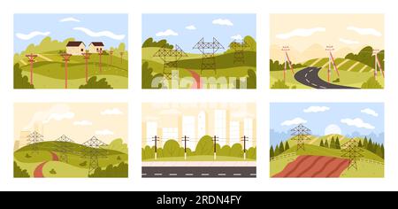 Vektordarstellung der Stromleitungen. Cartoon-Sammlung isolierter Stadt-, Dorf- und Naturlandschaftsszenen mit Hochspannungsmasten für die Energieübertragung und -Verteilung, Straße mit Pylonposten Stock Vektor