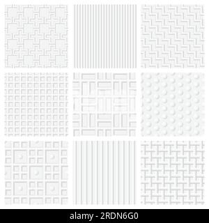 Nahtlose Muster mit geprägter Oberfläche. Bündel von geprägten Oberflächen-nahtlosen Vektormustern mit Plus-, Linien-, Streifen-, Zick-Zack-, Gewebe- und Punktelementen. Stock Vektor