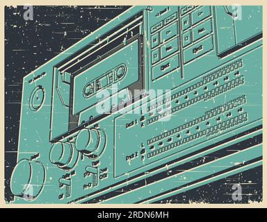 Stilisierte Vektordarstellung eines Kassettendecks eines Kassettenrekorders in Nahaufnahme im Retro-Poster-Stil Stock Vektor