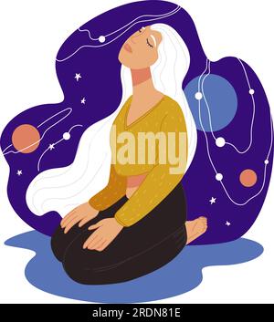 Weibliche Figur meditiert und entspannt, Einheit mit Natur, Kosmos und Universum. Eine Frau, umgeben von Planeten und Sternen, Sternbildern und ce Stock Vektor