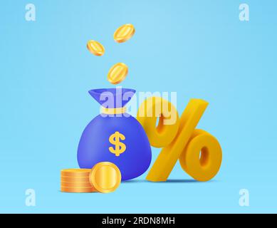 3D Geldbeutel mit Dollarzeichen, Münzstapel, Prozentsymbol, isoliert auf dem Hintergrund. Konzept für Fonds, Investitionen, Sparen, Diskontierung, Handel, Finanzen, Kapital, reich, Reichtum. 3D-Vektordarstellung. Vektordarstellung Stock Vektor