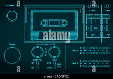 Stilisierte Vektordarstellung eines Bauplans eines Kassettendecks einer Nahaufnahme eines Kassettenrekorders Stock Vektor