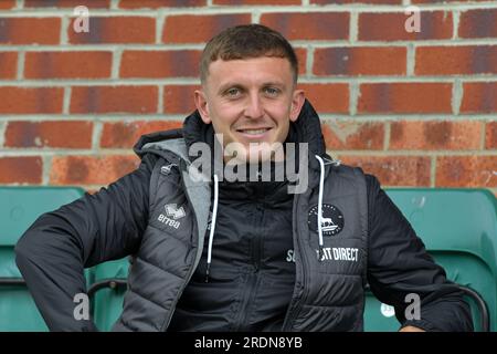 Blyth, Großbritannien. 22. Juli 2023 Oliver Finney von Hartlepool United während des Vorsaison-Freundschaftsspiels zwischen Blyth Spartans AFC und Hartlepool United im Croft Park, Blyth, am Samstag, den 22. Juli 2023. (Foto: Scott Llewellyn | MI News) Guthaben: MI News & Sport /Alamy Live News Stockfoto