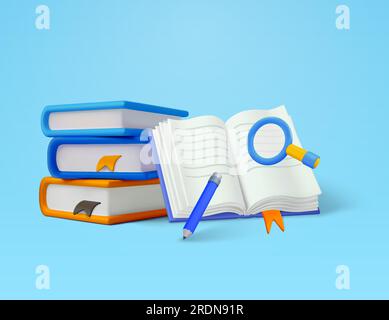 3D Stapel Bücher, geöffnetes Buch mit Text, Lesezeichen, Lupe, Bleistift, isoliert auf Hintergrund. Konzept für Lernen, Studium, Prüfung, Forschung, Hochschule, universität. 3D-Vektordarstellung. Vektordarstellung Stock Vektor