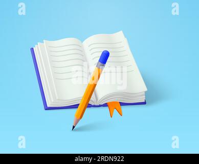 3D geöffnetes Buch mit Bleistift, Lesezeichen, isoliert im Hintergrund. Konzept für Literatur, Schreiben, Handbuch, Tagebuch, Notizblock, Lernen und Schule, Bildung. Vektordarstellung Stock Vektor