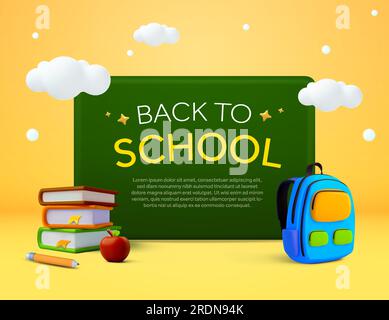 3D Stapel Bücher, Schulrucksack, Tasche, Apfel mit Bleistift, Klassenkreidetafel, Wolken, isoliert im Hintergrund. Bannervorlage für Schulbeginn, neues Semester, Kurs, Schüler. Vektordarstellung. Vektordarstellung Stock Vektor