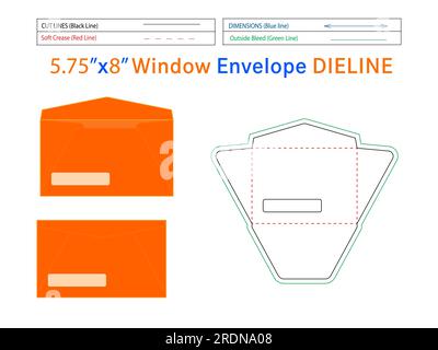 Fensterverpackung Briefumschlag 5.75 x 8 Zoll Dieline Vorlage und 3D Briefumschlag kann leicht in der Größe geändert werden Stock Vektor