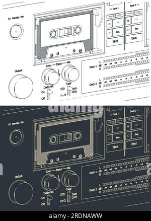 Stilisierte Vektordarstellungen eines Kassettendecks einer Nahaufnahme eines Kassettenrekorders Stock Vektor