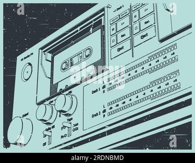 Stilisierte Vektordarstellung eines Kassettendecks eines Kassettenrekorders in Nahaufnahme im Retro-Poster-Stil Stock Vektor