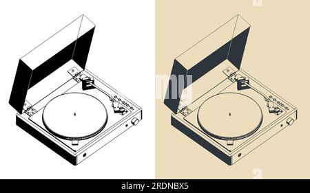 Stilisierte isometrische Vektorskizzen eines Plattenspieler-Vinylabspielers Stock Vektor