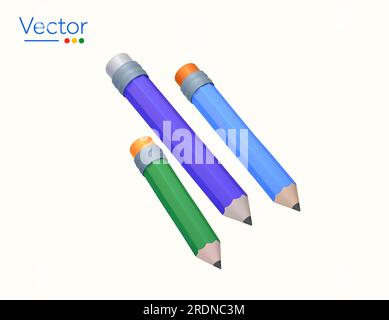 3D Mindestifte in verschiedenen Farben, grün, lila, blau, isoliert auf weißem Hintergrund. Symbol für Schreibwaren, Konzept für Schule, Schüler, Kunst, Zeichnen, Architektur. 3D-Vektordarstellung. Vektordarstellung Stock Vektor