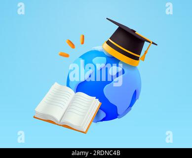 3D-Kugel oder Erde mit Weltkarte, Graduierungskappe oder Hut, opniertes Buch, isoliert auf Hintergrund. Konzept für Studium im Ausland, internationaler Student, Hochschule, Universität, Akademie. 3D-Vektordarstellung. Vektordarstellung Stock Vektor